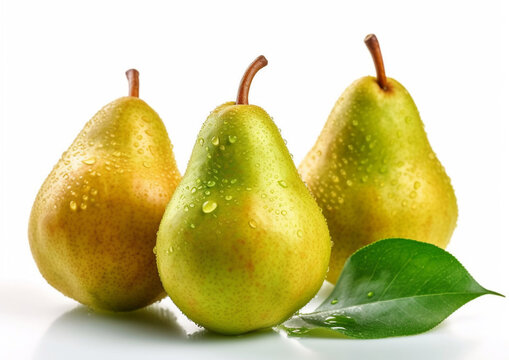 Three ripe fresh pears with leaf on white background.Macro.AI Generative