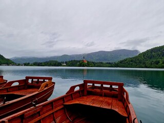 Lake Bled in Slovenia. Island with the church of the Mother of god. Lakeview on a cloudy day