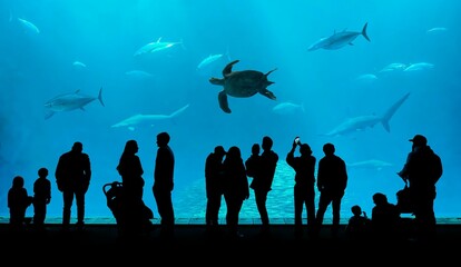 Group of people stand in awe as they look through the glass of an aquarium