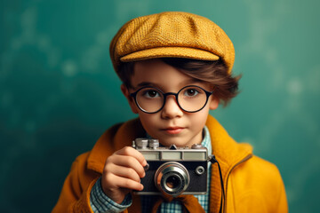 Obraz premium Portrait of little kid boy in glasses with camera in retro style on blue background. vintage concept