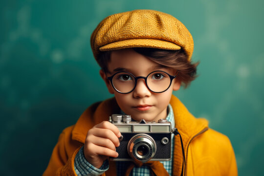 Portrait of little kid boy in glasses with camera in retro style on blue background. vintage concept