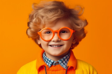 Portrait of smiling little kid boy in glasses over orange background. Kindergarten or school kid