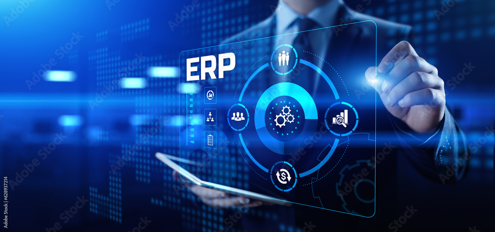 Poster erp enterprise resources planning software system business technology concept.