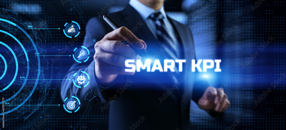 Poster smart kpi key performance indicator business technology concept on screen.