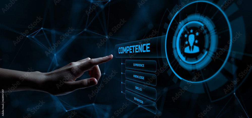 Poster competence skills business and personal development concept. hand pressing button on screen.
