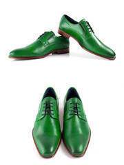 Detalhe de sapatos clássico masculino em pele de cor verde, isolado em fundo branco.