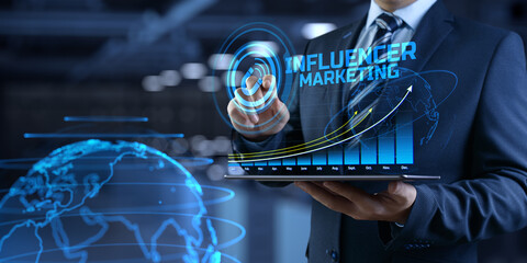 Influencer Influence marketing social media advertising concept on screen.