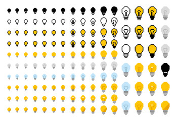 8 bit lightbulb idea icon sheet, pixel ideas lightbulb, pixelated light, 8-bit pixel art isolated vector. 
