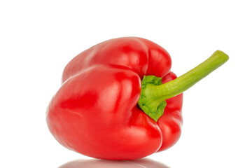 One red bell pepper, macro, isolated on white background.
