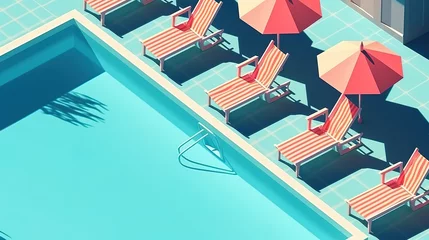 Cercles muraux Corail vert Arrangement of miniature sunbeds next to swimming pool. Generative Ai