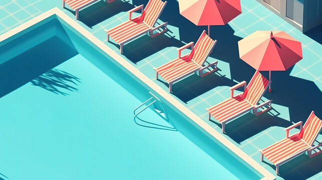 Arrangement of miniature sunbeds next to swimming pool. Generative Ai