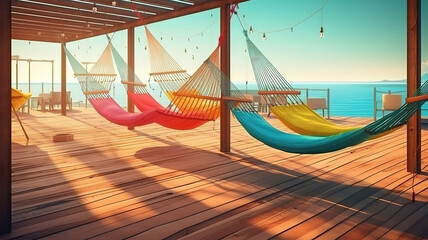 Empty hammock on tropical beach sea ocean for leisure relax in vacation travel. Generative Ai