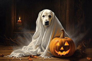 Halloween theme: dog in ghost costume with pumpkins on dark background.Generative Ai