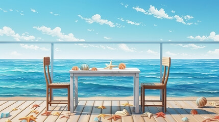 Summer beach with strafish and shells, The table in the bar on the terrace. Generative Ai
