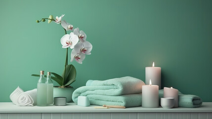 Fototapeta na wymiar Green spa or wellness background with towels, candle. Generative Ai