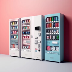 Vending machine for automated trading of consumer goods, equipment for lemonades and single products. Monochrome background, space for text, Generative AI
