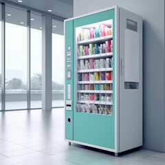 Vending machine for automated trading of consumer goods, equipment for lemonades and single products. Monochrome background, space for text