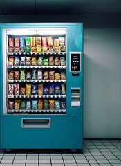 Vending machine for automated trading of consumer goods, equipment for lemonades and single products. Monochrome background, space for text, Generative AI