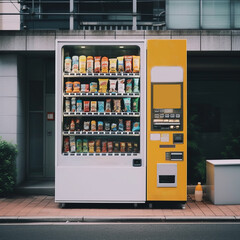 Vending machine for automated trading of consumer goods, equipment for lemonades and single products. Monochrome background, space for text, Generative AI