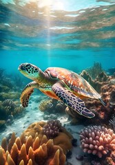 Fototapeta na wymiar a sea turtle swimming in the water