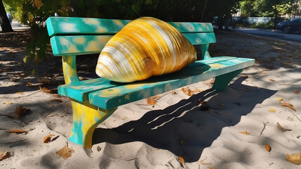 Fototapeta premium A detail of the chestnut on a bench with its leaf. The historic town is behind. Generative Ai