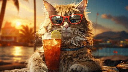 chic cat charisma, wearing sunglasses on the beach in summer, pic as wallpaper. poster, t shirt and others