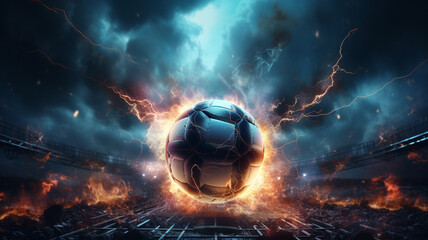 Conceptual image of football ball in fire flames - obrazy, fototapety, plakaty