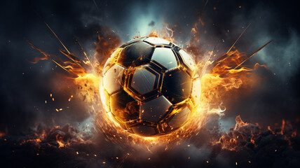 Soccer ball in motion The ball flies with lightning speed and orange flame effects in a futuristic