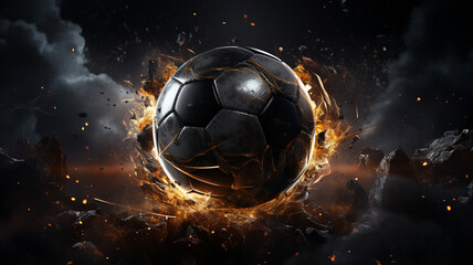 Fototapeta premium Soccer ball in motion The ball flies with lightning speed and orange flame effects in a futuristic