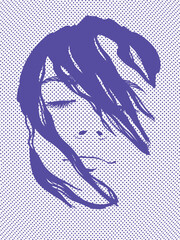 Woman face outline. 50s, 60s pop art. Dotted vintage fashion poster