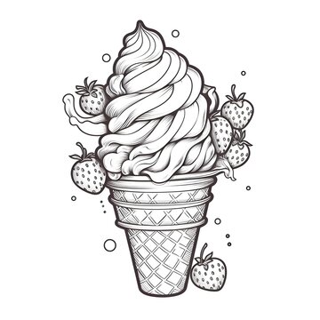 A Black And White Drawing Of An Ice Cream Cone With Strawberries