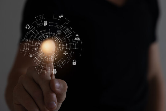 Man using tools AI. technology smart robot science and artificial intelligence technology, and innovation futuristic and global connection for providing access to information and data online network.