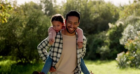Father, child and back ride in nature for walking, bonding or outdoor quality time together. Happy dad carrying daughter or kid with smile for piggyback, travel or holiday on family trip in a forest