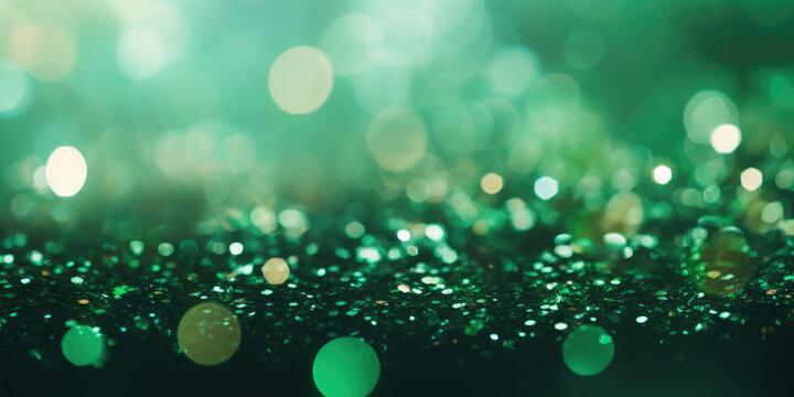 Bokeh background in green in the style of confetti like dots. Glitter and diamond dust. AI generated