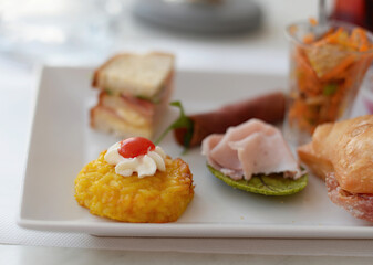Square white plate with delicious, luxury finger food, amuses or bites, selective focus