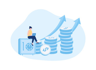 Woman sitting in safe with coins and laptop concept flat illustration