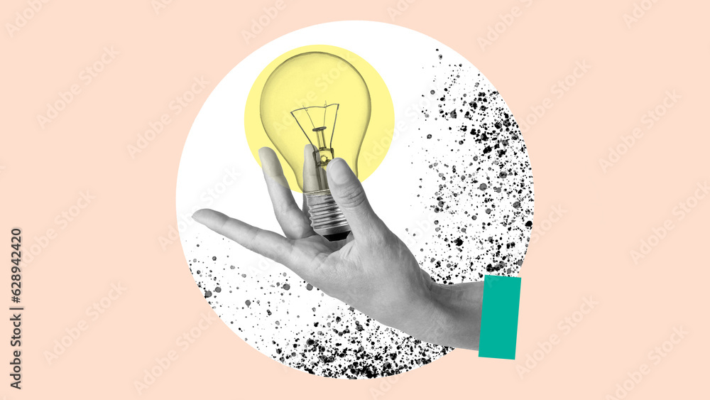Poster make it happen. change your mindset. conceptual collage with head and lamp. progress, creativity for