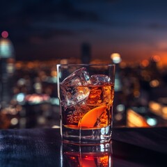 Pair of cocktail glasses in a colorful night setting.