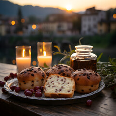 Panettone in a beautiful background of an italian romantic landscape at sunset
