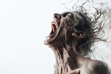 The Concept of Agony. Scary screaming man isolated on white background.