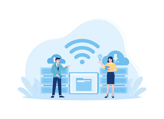 Obraz premium Two characters with cloud storage icon concept flat illustration