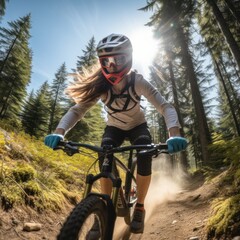 Girl on a mountain bike. Bikepark ride with warm sun behind her. Fitness and extreme sports theme. Great for blogpost about biking.
