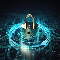 padlock icon on blue lights circuit board background, Generative AI
