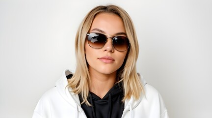 Glamorous Blonde with White Upper And Black Shirt and Chic Sunglasses Strikes a Pose for the Perfect Shot, Generative AI