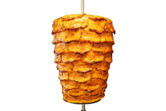 Grilled skewered chicken on spit, traditional meat shaved, served inside kebab sandwich in Mediterranean and Arab countries in Middle East, cooked isolated on pure white background