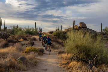 Obraz na płótnie Canvas Group Of Mountain Biker Riders On Desert Trail In Scottsdale AZ Summer 2023 