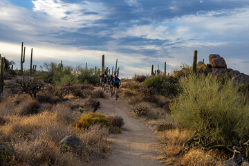 Group Of Mountain Biker Riders On A  Desert Trail In Scottsdale AZ Summer 2023 