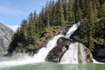 Icy Falls waterfall, located in Tracy Arm Fjord near the Sawyer Glaciers and Juneau, Alaska