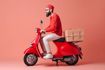 Side view on courier male guy driving a moped motorcycle. Delivery male is in a hurry to deliver orders isolated over a red color background. Generated Ai