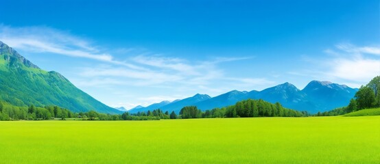 Fototapeta premium Panoramic natural landscape with green grass field, blue sky with clouds and mountains in the background. Panorama summer spring meadow. Generative Ai